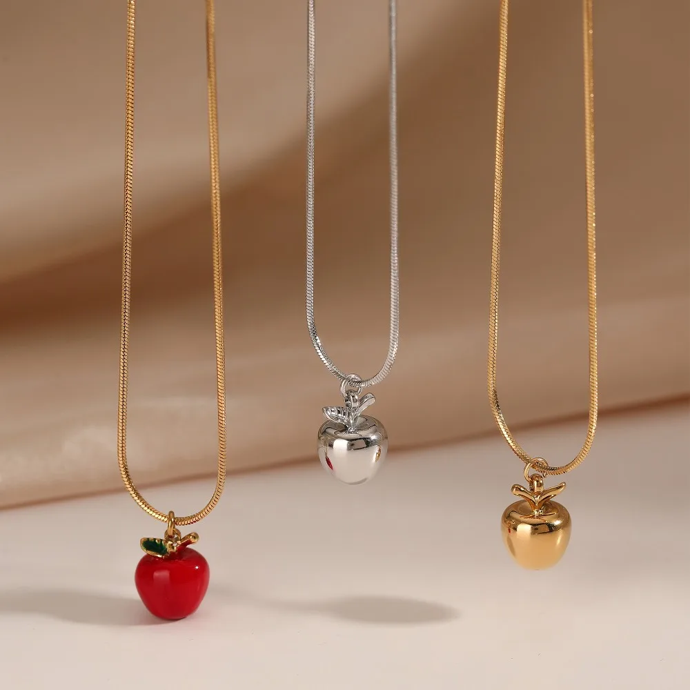 Fashion Red Apple Pendant Earrings Cute Fruit Huggie Ear Hoops for Women Girls Stainless Steel Round Snake Chain Neckalce Choker