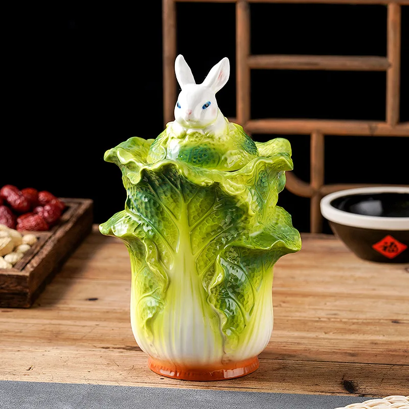 Creative Cabbage Rabbit Tea Jar Ceramic Decorative Jar Tea Sealed Storage Home Storage Container Decorative Accessories ceramic storage jar