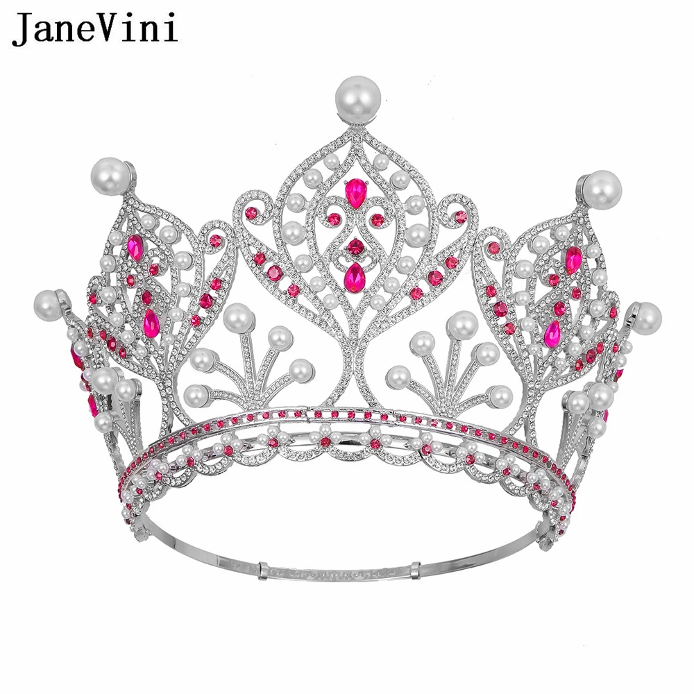 

JaneVini Baroque Beauty Pageant Women Hair Jewelry Adjustable Pearl Rhinestone Crystal Bridal Crowns Tiaras Wedding Headdress