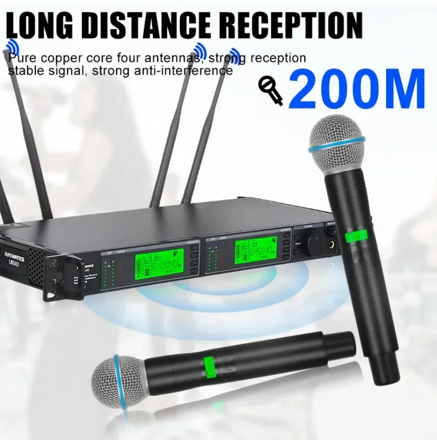 RAYHAYES UR4D Super Strong Signal Wireless Microphone Professional Dual Channel Conference Karaoke Mic Microphone