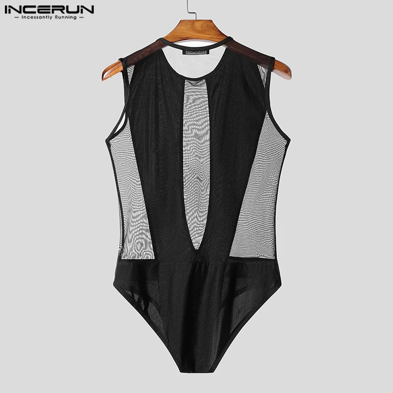 INCERUN American Style Sexy Bodysuits Men's See-through Patchwork Mesh Jumpsuit Stylish Casual Thin Homewear Sleeveless Jumpsuit Men Bodysuits Men Jumpsuits