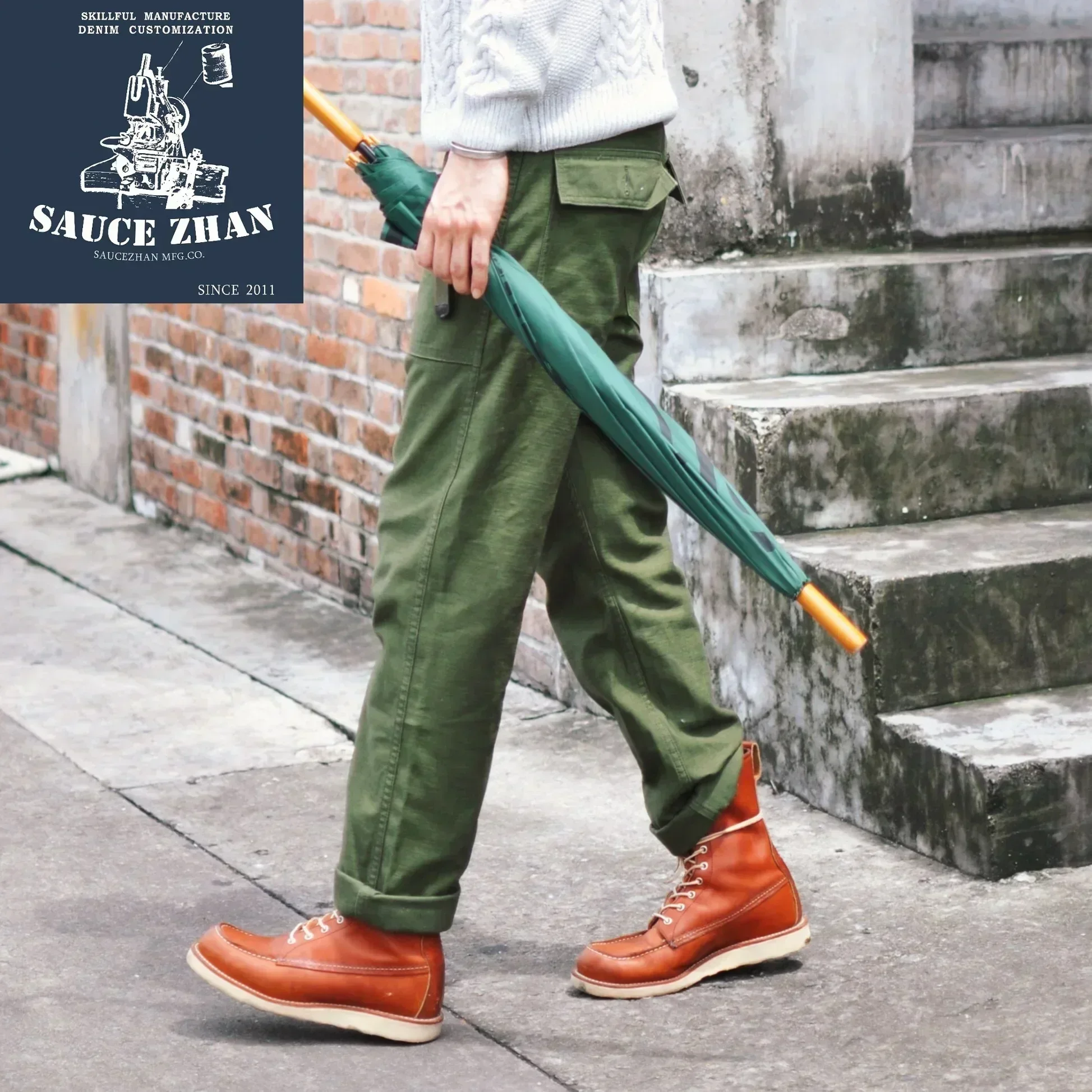 SauceZhan OG107 Fatigue Utility Pants Military Pants VINTAGE Classic Olive Sateen Men's Baker Pants Satin Cotton Straight Fit 3