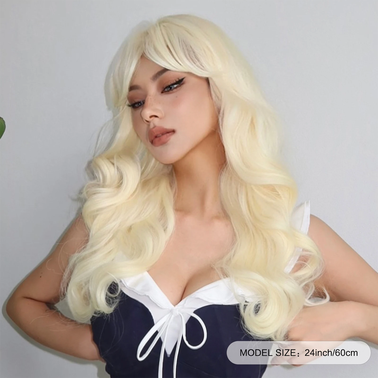 Blonde Ginger Yellow Synthetic Wig with Bangs Lolita Cosplay Long Curly Wave Wigs for White Women Natural Hair Heat Resistant