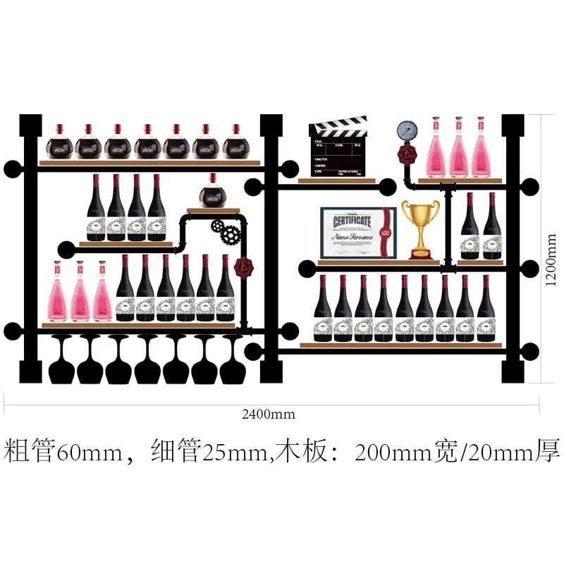 Iron Pipe and Wood Board Assembly Artistic Wine Rack Set Display rack Wall Mounted Shelves for Glassware Bookshelf