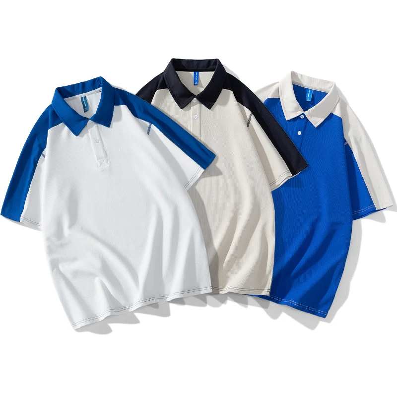 

Short sleeved T-shirt Men's Summer Waffle Contrast Polo Collar Half Sleeve Loose Couple T-shirt