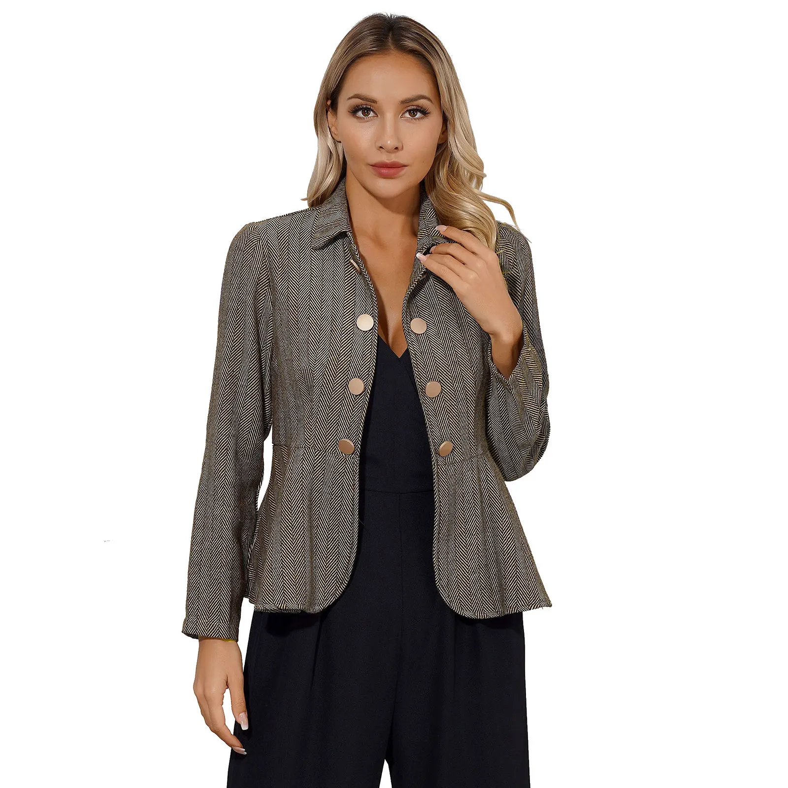 Womens Elegant Blazer Jacket Turn-Down Collar Long Sleeve Ruffle Peplum Outerwear Coat Work Office Casual Shawl Blazer Jacket