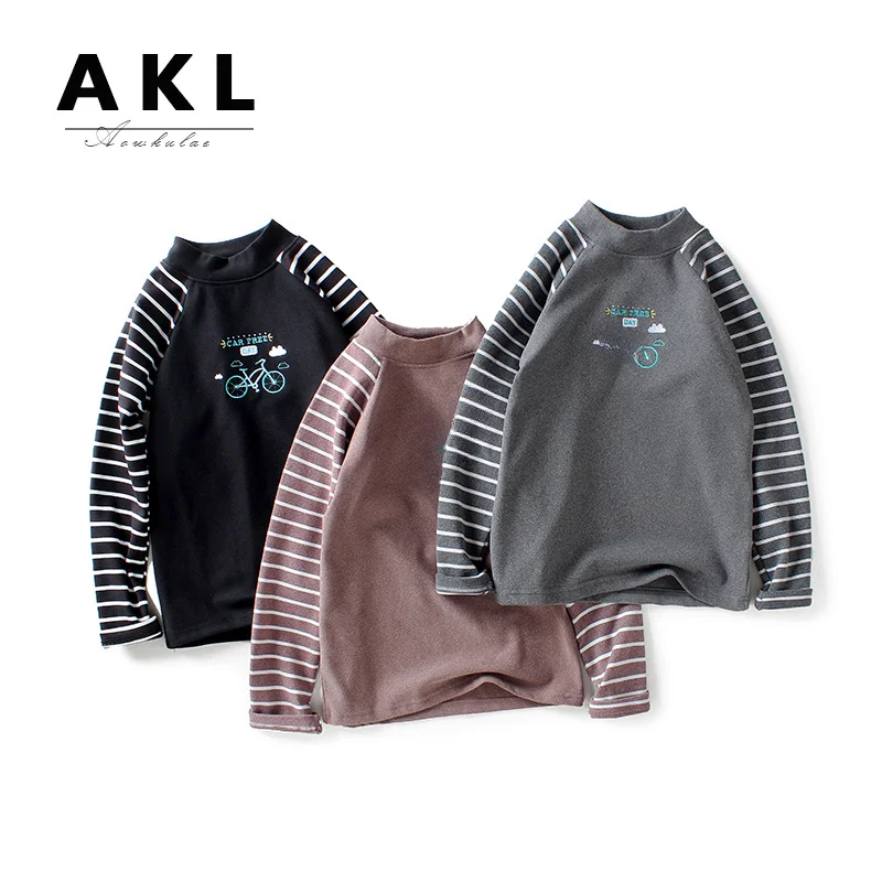 Autumn Winter Children Long Sleeve T-shirt Thick Warm High Collar Top Boys Striped Cartoon Letter Design