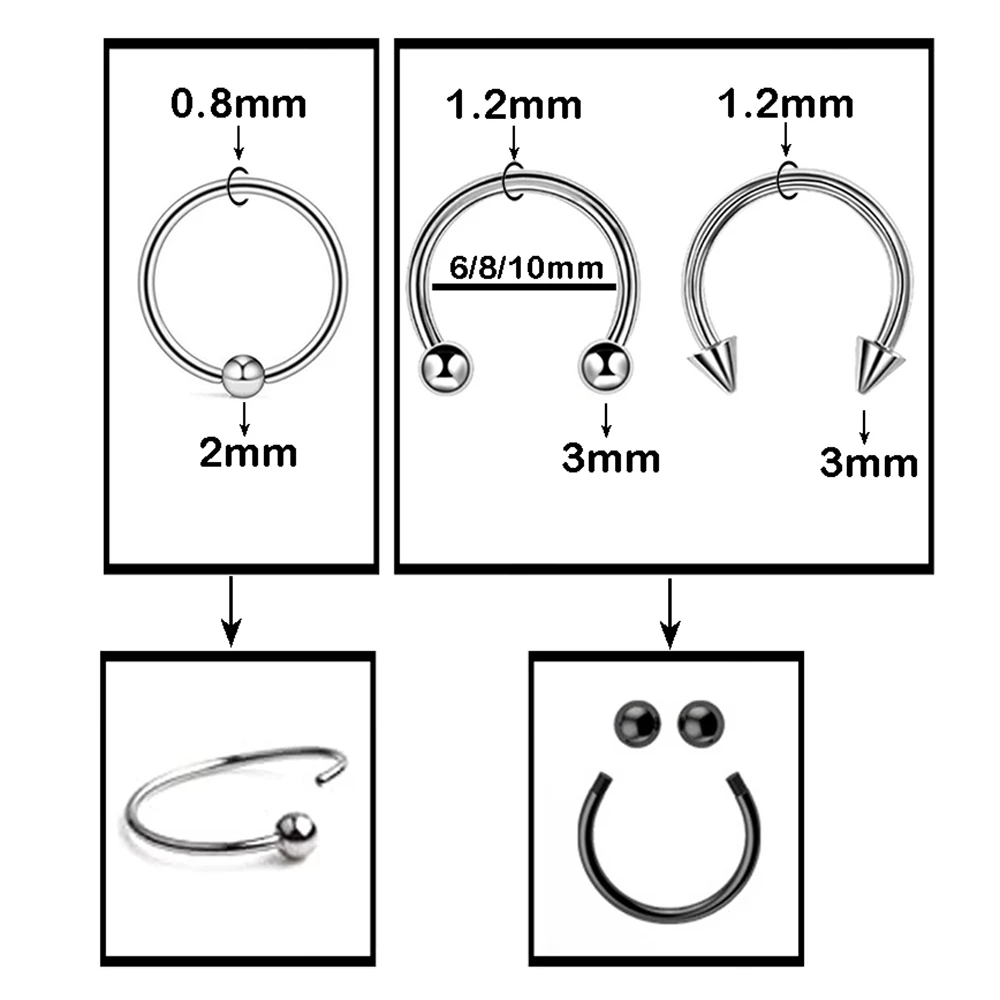2&5Pcs/Pack 16G 20G Surgical Steel Helix Horseshoe Septum Nose Ring & Captive Bead Hoop Cartilage Stud Earrings Tragus Piercing nose rings,piercing jewelry,nose studs,body piercing earrings,ear piercing jewelry,ear studs,metal jewelry,hoop earrings,body piercing jewelry,body jewelry