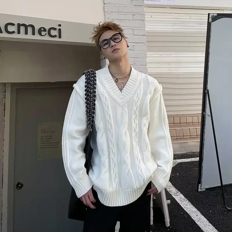 Korean style v-neck design Korean sweater men's loose casual ins lazy style loose sweater outer jacket trend tops men clothing