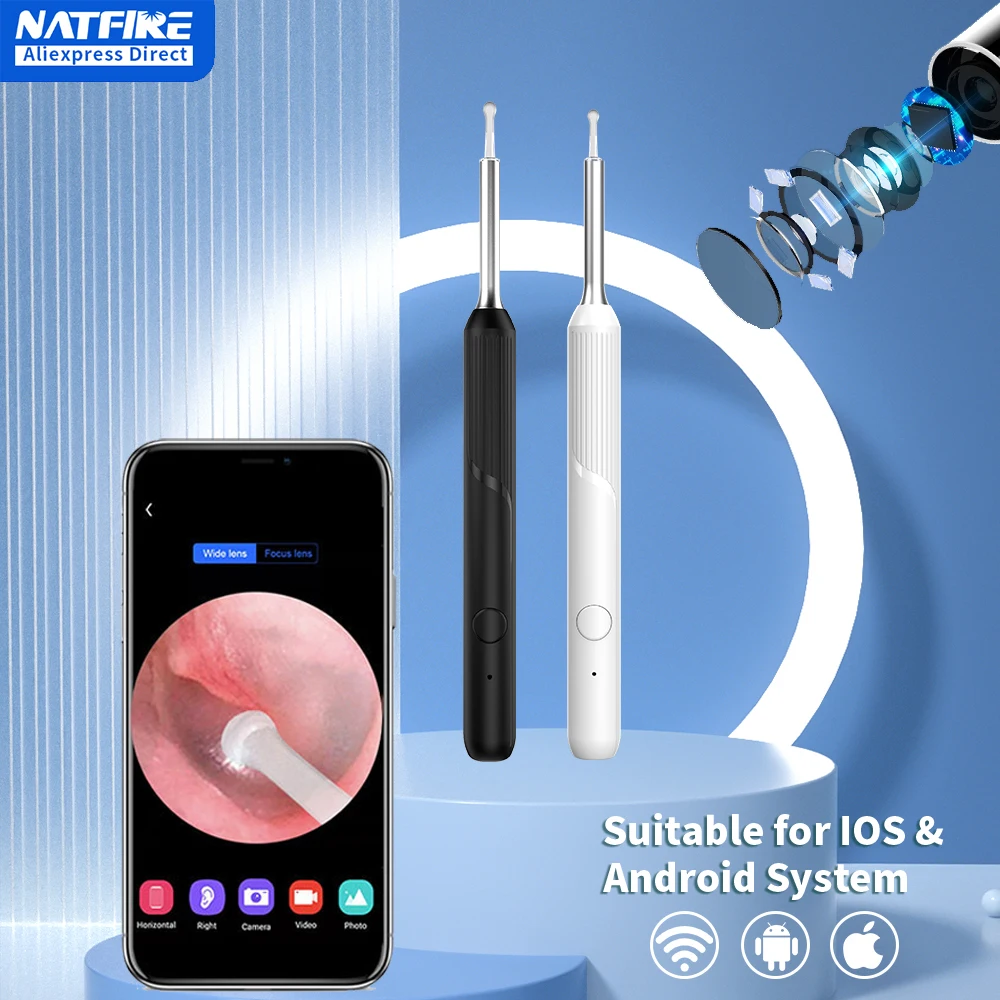 NATFIRE NP20 스마트 귀 클리너 검이경 귀 왁스 제거 도구, 카메라 포함, 귀 내시경 1080P 키트, 아이폰 아이패드 안드로이드용