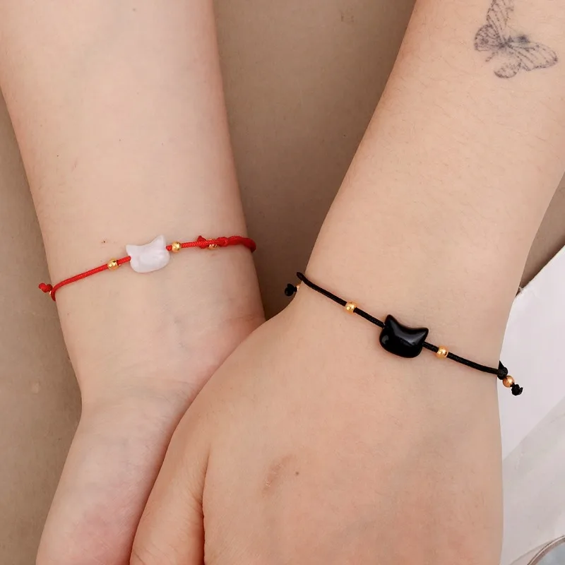 Bracciale Donna Con Perline Pietra Naturale E Ciondolo Gatto - Ossidiana Nera, Lavica, Regalo Amanti Gatti