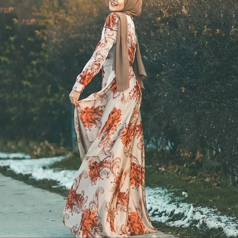 Middle East Fashion Slim Dresses For Women Autumn Print Long-Sleeved Lace-up Female Clothing Dubai Turkey Elegant Casual Dress