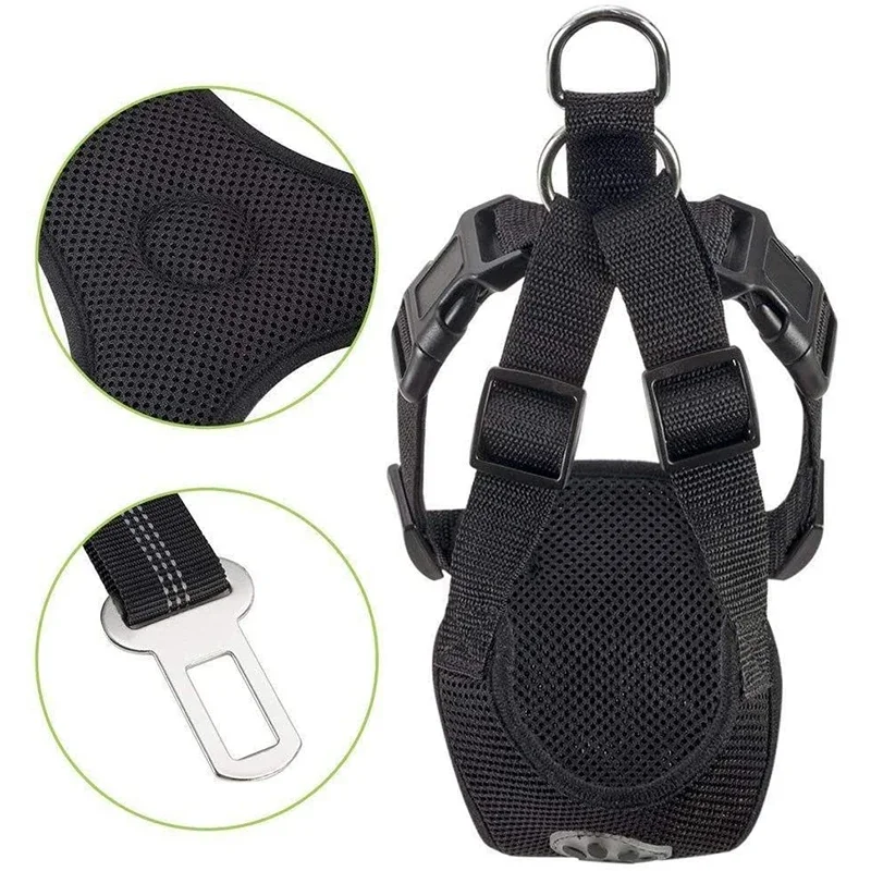 Dog Harness Adjustable Pet Safety Vest Harnesses Double Mesh Fabric with Car Vehicle Connector Strap for Small Medium Large Dogs