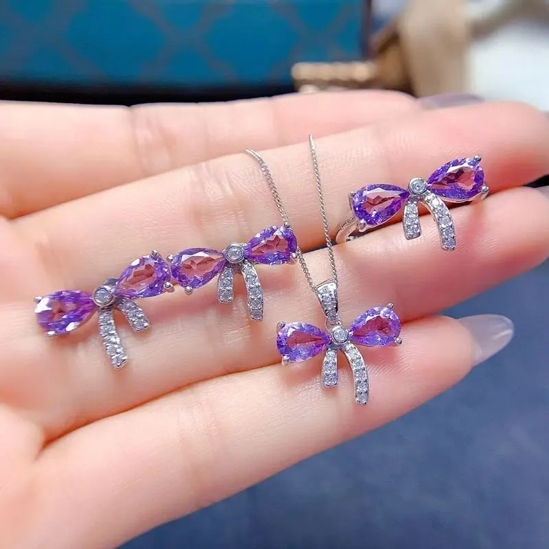 

Cute 925 Silver Crystal Jewelry Set for Daily Wear 5mm*7mm Total 4ct Natural Amethyst Ring Earrings Pendant with Gold Plated