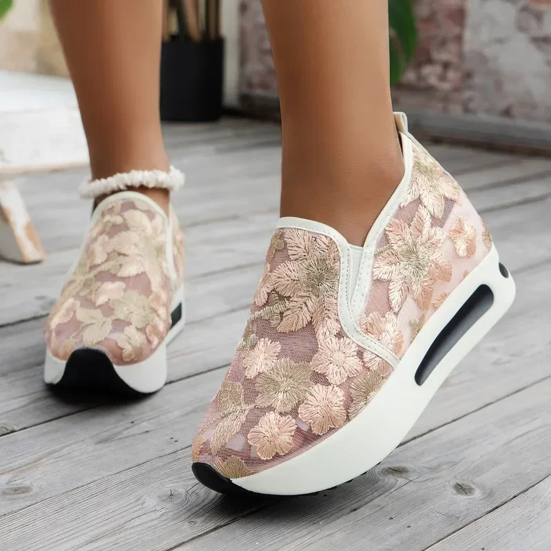 Women Sneakers Summer Breathable Lace Mesh Flower Embroidery Round Head Thick Sole Comfortable Casual Sneaker Shoes Zapatillas