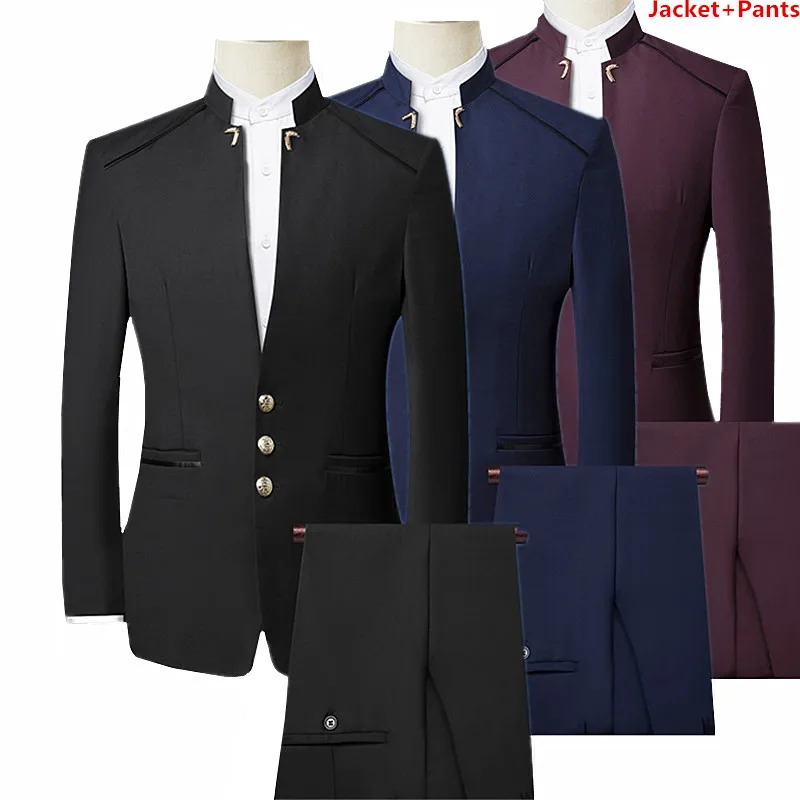 White Single Breasted Stand Up Collar Suit 2 Piece Set Men Business Wedding Slim Fit Blazer Coat Pants Vest Red Blue Dress Suits formal suit business men clothing