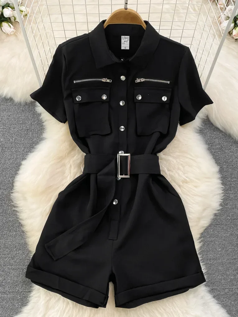 

Foamlina Casual Women Black Playsuits Summer Fashion Turn down Collar Short Sleeve Buttons Belted Wide Leg Short Pants Rompers