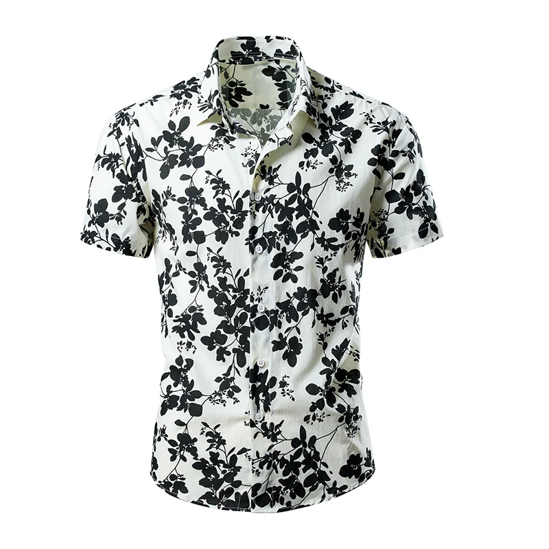 Men's Short Sleeve Shirt Hawaiian Colorful Flower Black White Cotton Blouse  Hombre Clothing Male Beach Summer Vintage Top