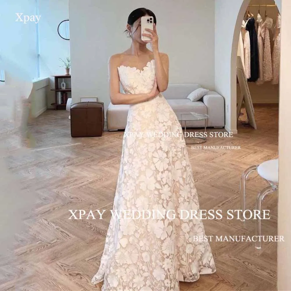 

XPAY Sweetheart Korea Mermaid Wedding Dress 3D Lace Flowers Sleeveless Bridal Gown Elegant Backless Boho Bride Dress Photo Shoot