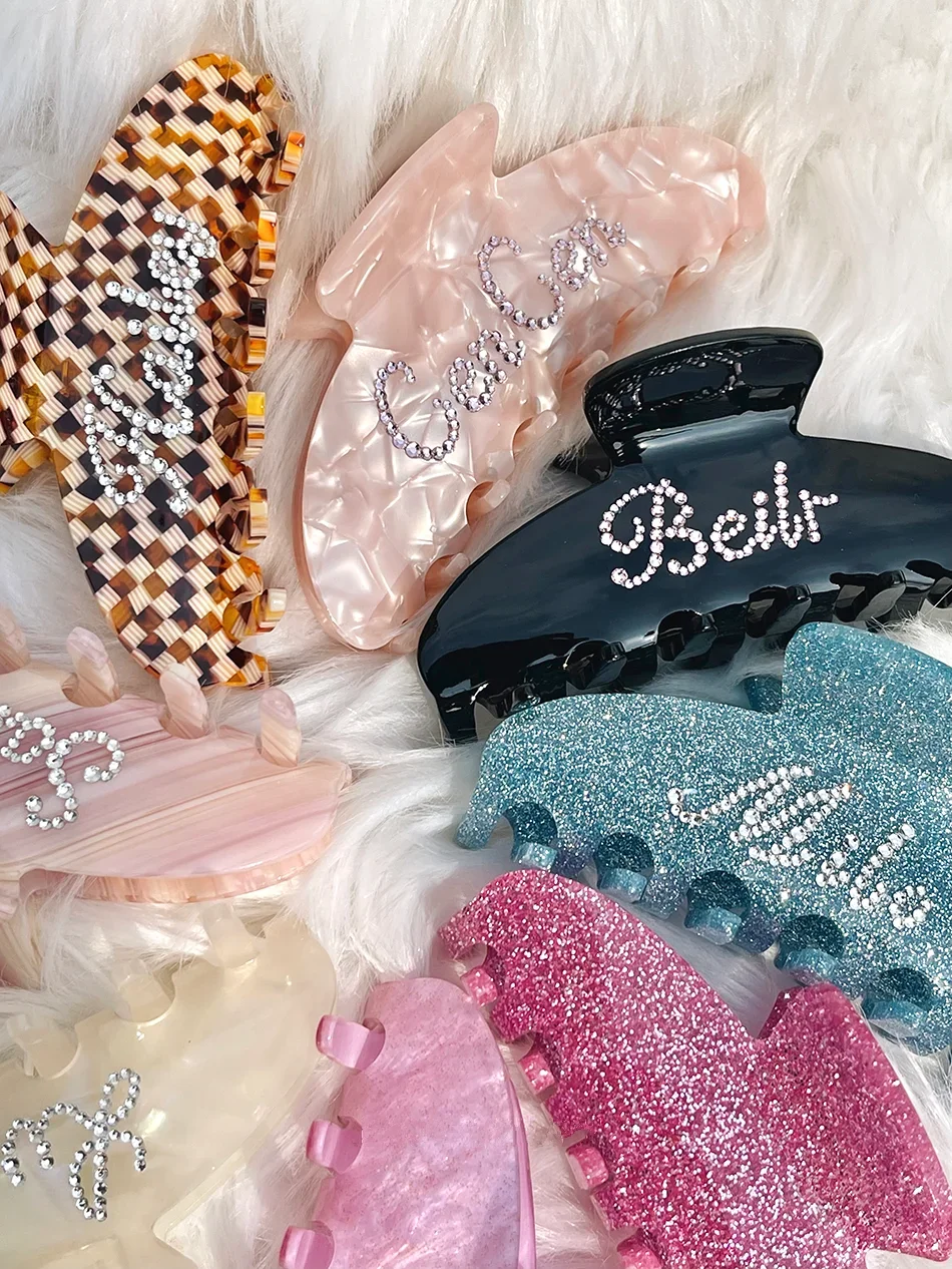 Customized Hair Clips for Women Acetate Hair Claw Personalized Name Number Rhinestones Barrettes DIY Jewelry Birthday Gifts