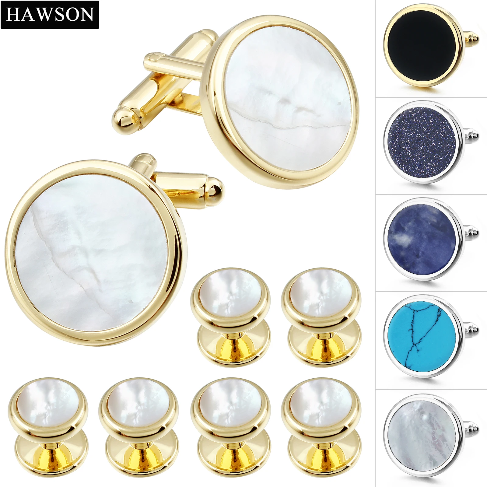 Mother of Pearl and Gold Brass Studs & Cufflinks Set