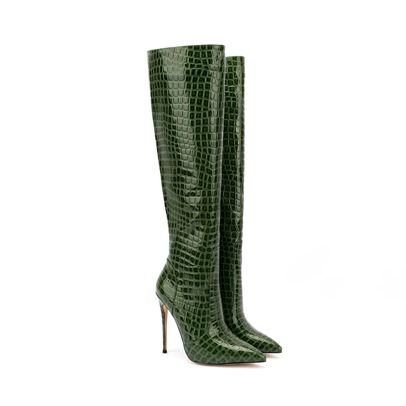 New Pointed Toe Fashion Riding Boots Autumn and Winter Plus Size 43 Zipper Fashion Boots Thigh High Yellow Green