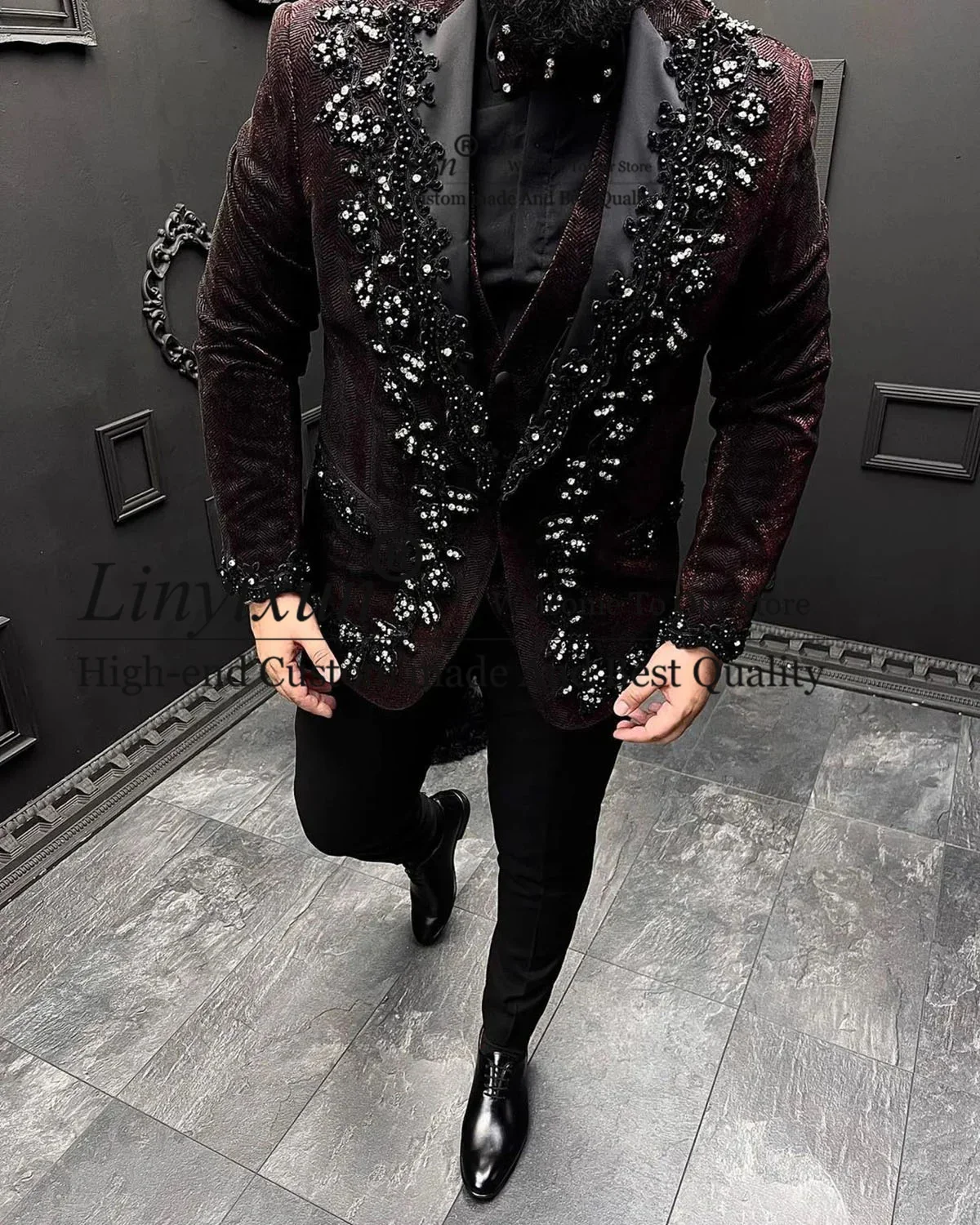 

Luxury Beaded Herringbone Tweed Tuxedos Men Suits Wool 3 Piece Set Formal Groom Wedding Party Blazer Slim Fit Costume Homme