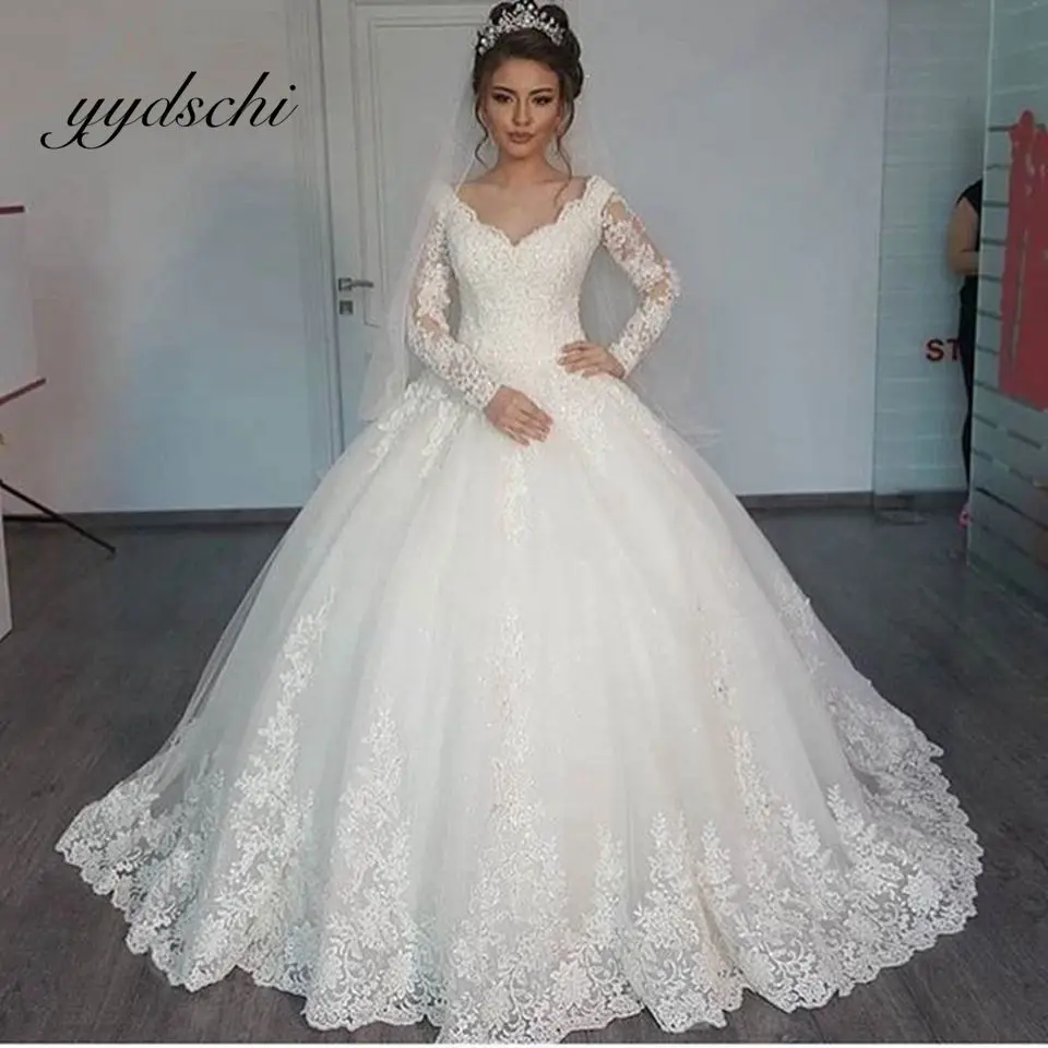 

White A-Line Long Sleeves Wedding Dress 2022 Sweetheart Tulle Lace Appliques Bridal Gown Appliques Vestido De Noiva