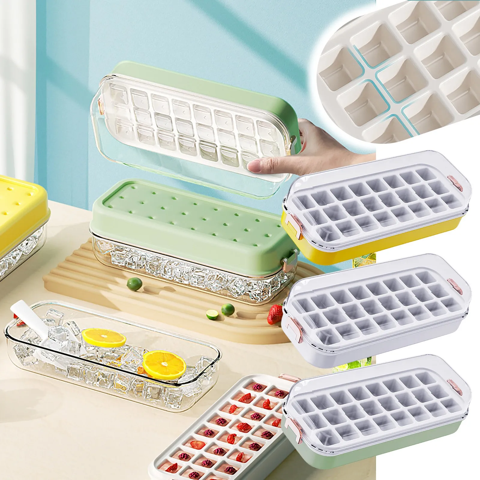 Metal Ice Tray Rack Freezer Ice Cube Tray With Lid And Storage Box