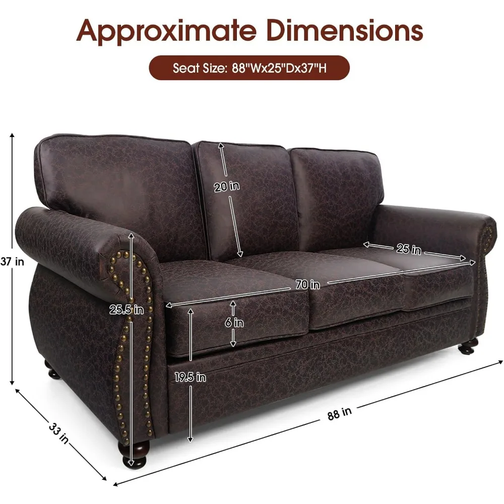 mid-century vintage sofa couches with rivet design,3-seater sofa,removable sofa cover upholstered cushions and solid wood frame