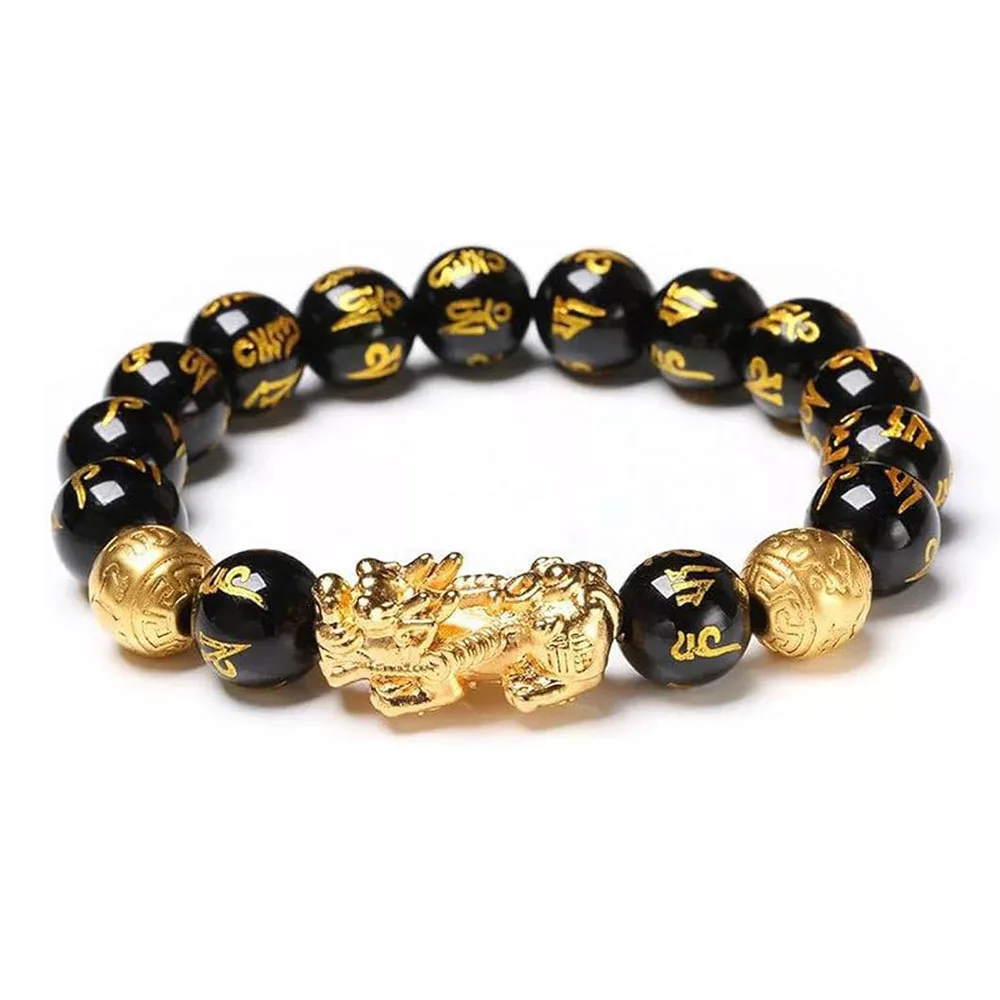 FengShui Wealth And Luck Bracelet Black Obsidian Pixiu Wealth Bracelet Prosperity Buddha Beads Elastic Bracelet