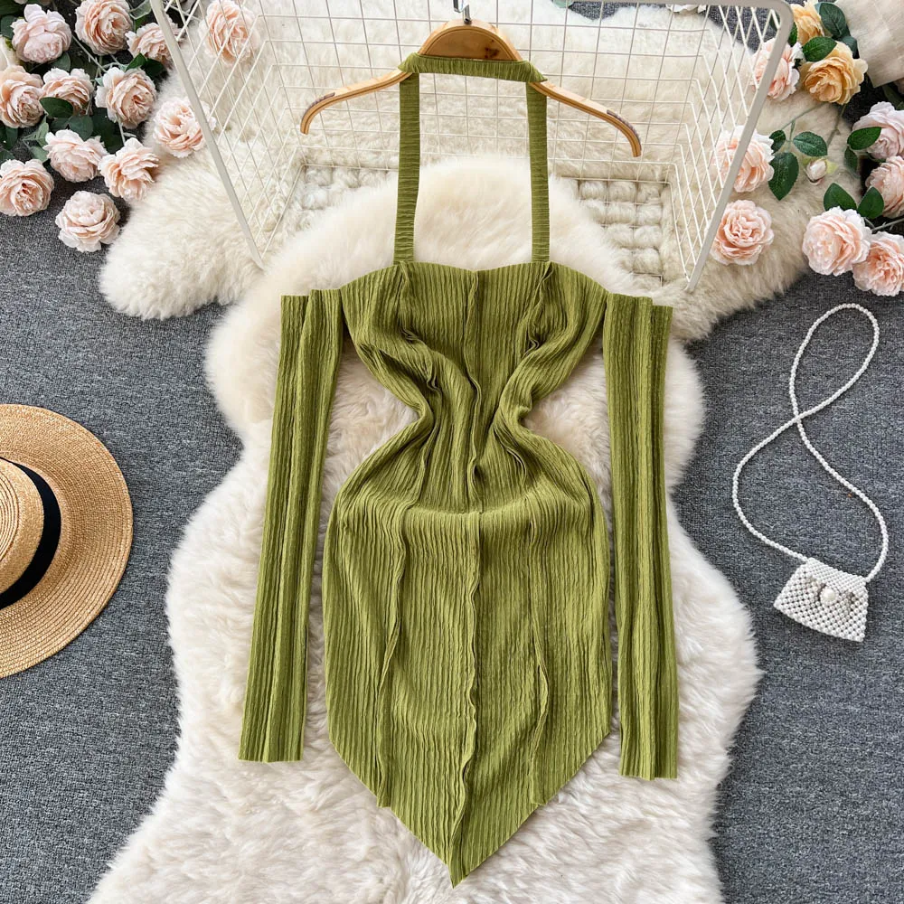 

New Design Sense Irregular Pleats Hanging Neck Outside Wear Sexy Long-sleeved Package Hip Pure Desire Dress