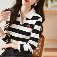 Women Korean Fashion Striped Print Elegant Polo Collar T-shirt Spring Autumn Female Casual Long Sleeve Loose Chic All Match Tops - Image 5