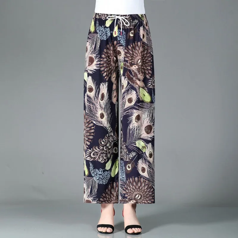 Autumn and Winter Women's High Waist Printing Drawstring Patchwork Elastic Loose Fashion Casual Elegant Commuter Wide Leg Pants