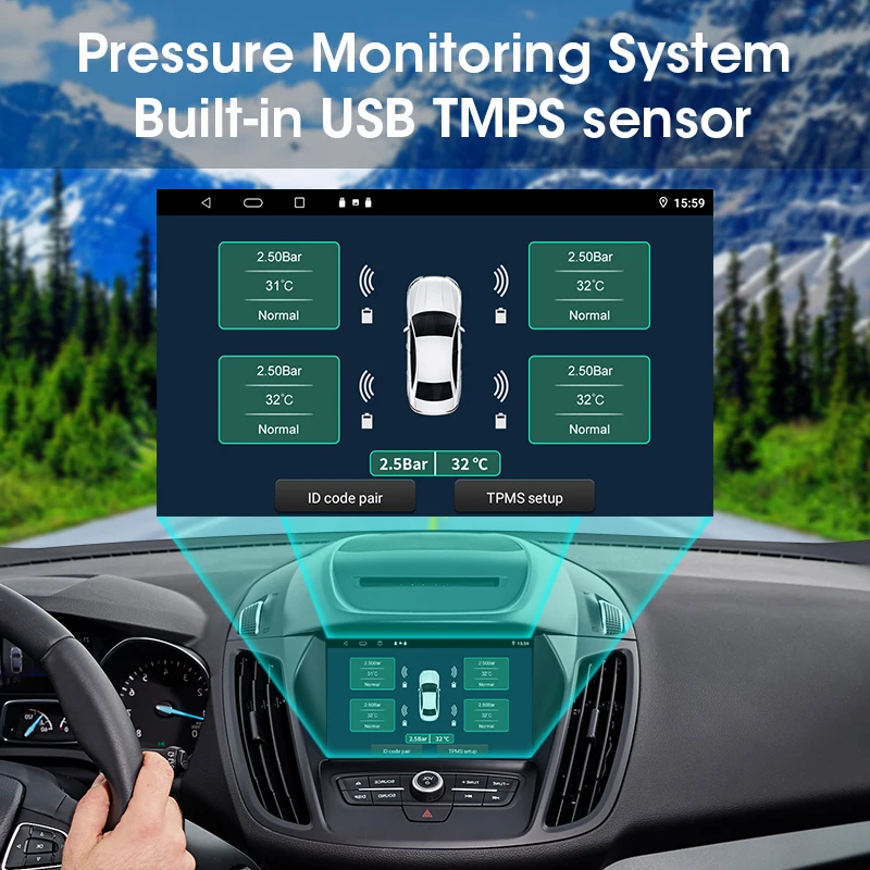 5Sensors USB Wireless TPMS Car Tire Pressure Alarm Monitor System For vehicle Android Player Temperature Warning For Spare Wheel car tire pressure monitor car tire pressure sensor