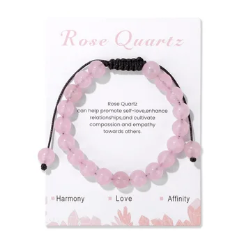 Adjustable 8mm Pink Rose Quartzs Beads Bracelet With Card Natural Stone Braided Bracelets & Bangles For Women Men Yoga Jewelry