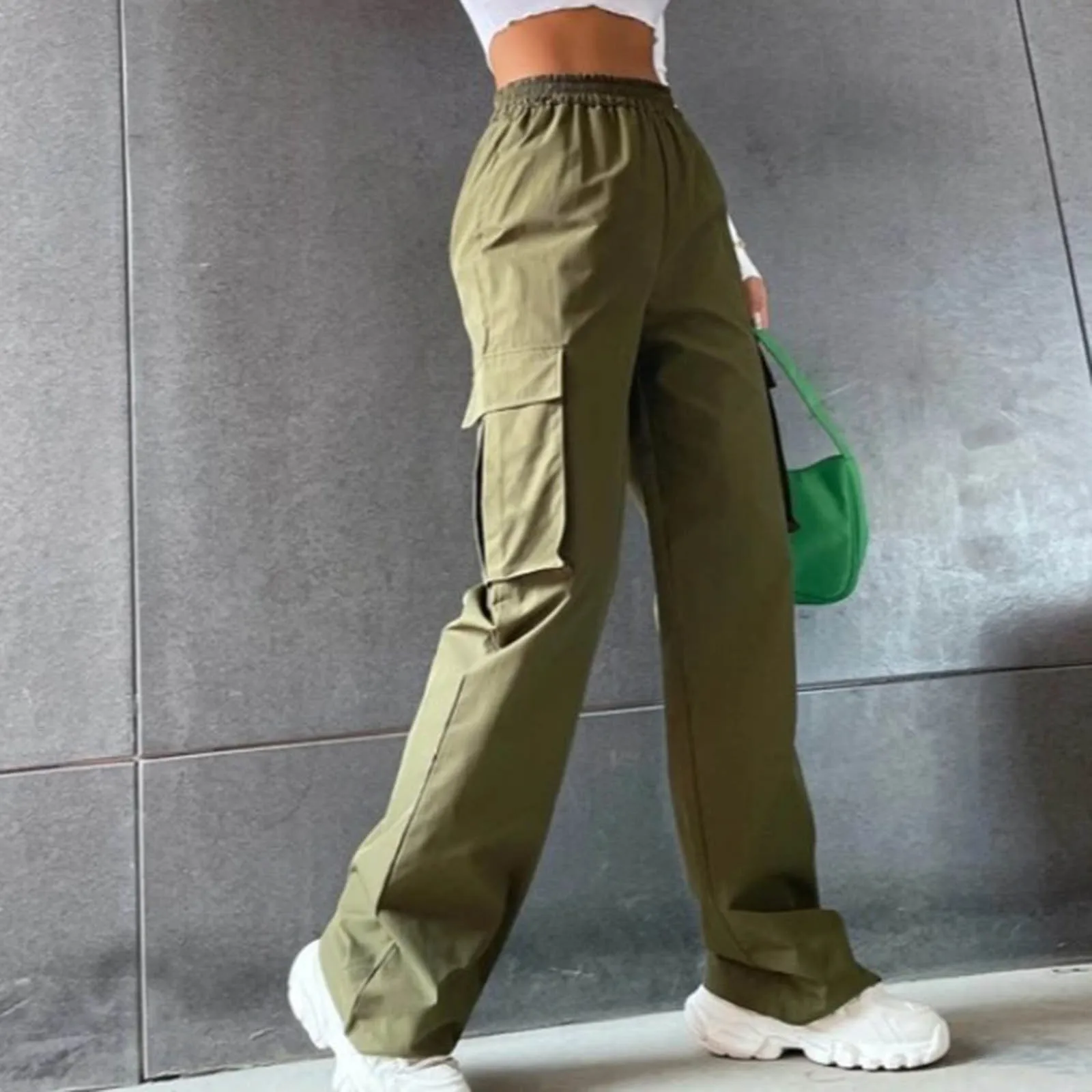 

Women Cargo Trousers Korean Streetwear Women's Solid Color Cargo Pants with Elastic Waist Wide Leg Casual Joggers Sweatpants