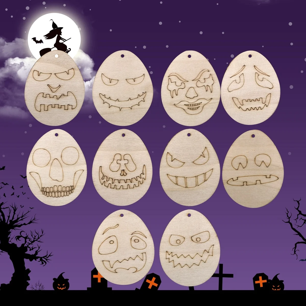 10Pcs Wooden Scary Hanging Crafts Egg Face Ornament For Happy Halloween Party Home Decorations Kids DIY Painting Gifts Supply
