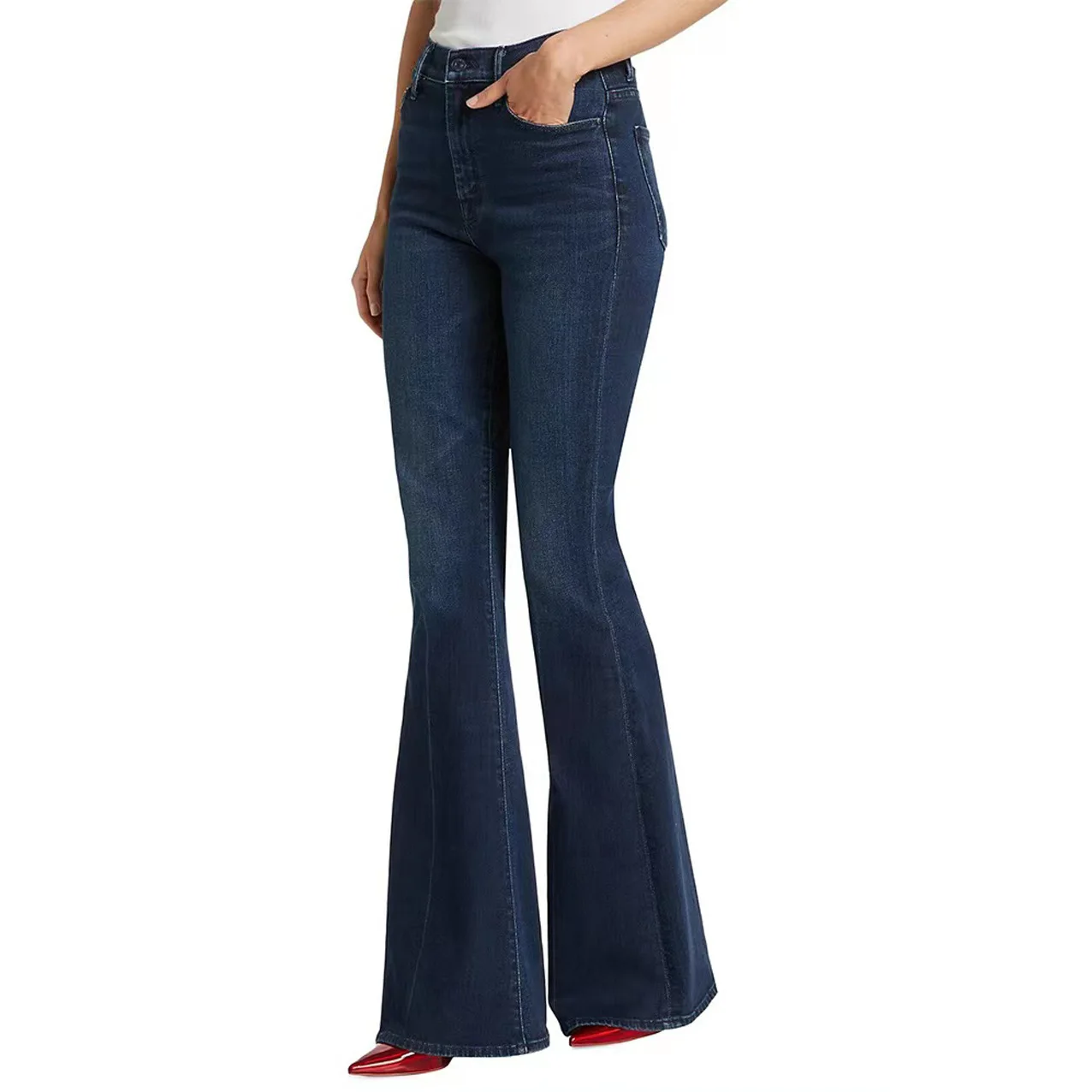 A 2024 early spring new high waisted deep blue midline slim fit and slim fit large horn denim women's pants MO508 3