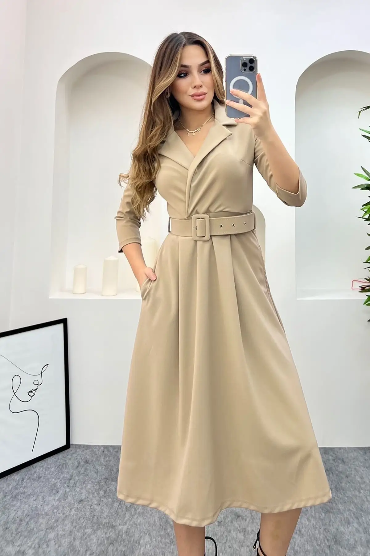 

Flexible Crepe Fabric Jacket Collar Pocket Detail Cream Dress And Belt Set 020 Long Mini Sleeveless Night Plain Color Bodycon Double Breasted