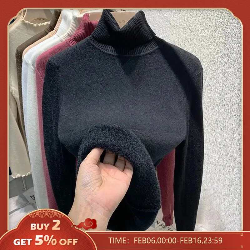 여성용 겨울 스웨터 터틀넥 니트 풀오버, 슬림핏 기본 스웨터, 두꺼운 벨벳 안감 따뜻한 셔츠, 부드러운 상의 