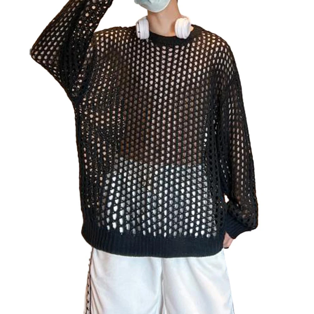 

Fashion Unisex Men's Y2K Hollow Out Fishnet Knit T-Shirt Casual Baggy Transparent Solid Pullover Tees Tops T Shirt Male Clothing