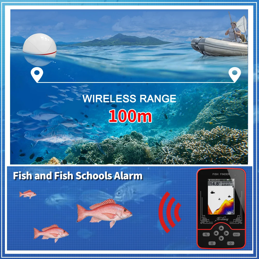 Erchang Wireless Fish Finder Rechargeable Sensor 60M Water Depth Echo Sounder Fishing Portable FishFinder