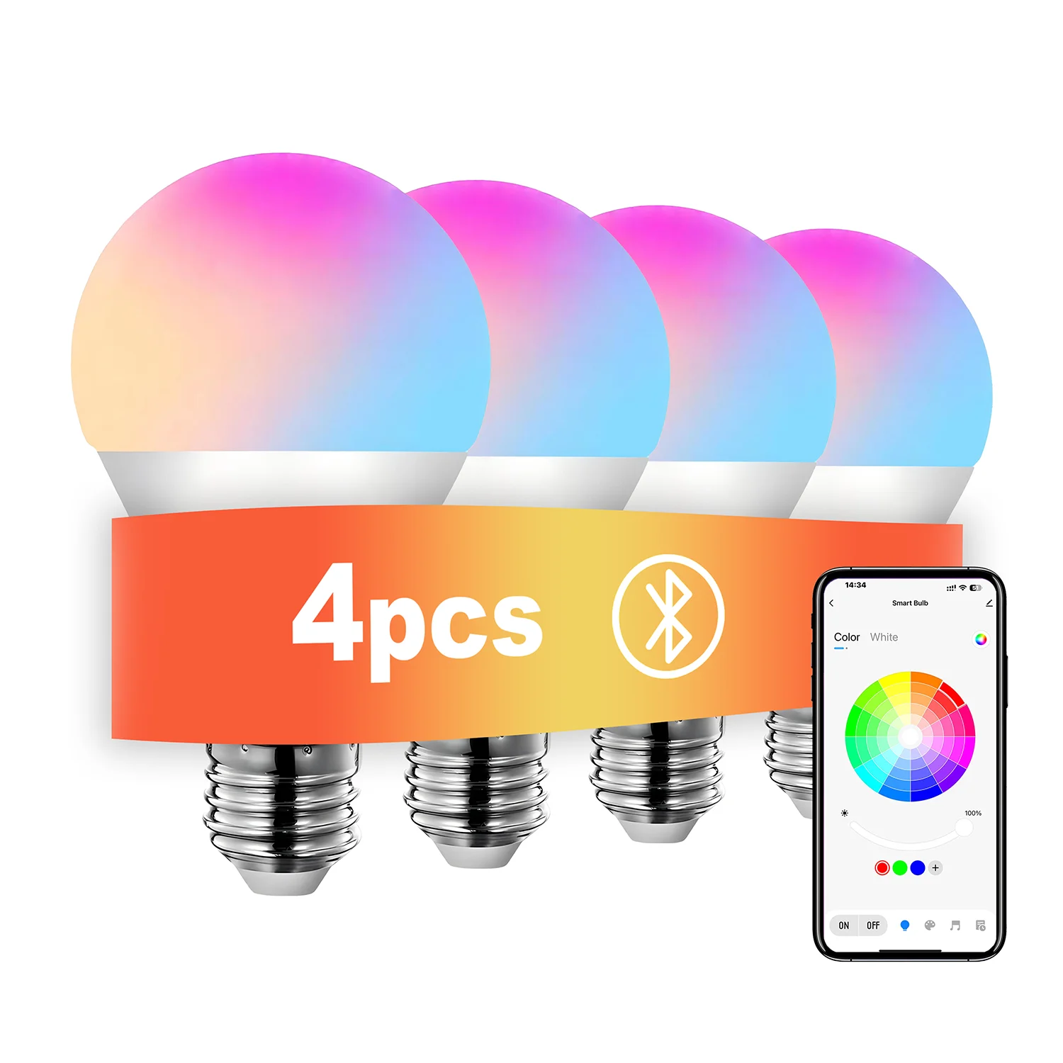 4pcs, RGBCW Smart Light Bulbs, Color Changing Dimmable Bulbs with Music Sync & App Control, Smart Home Lights for Bedroom.