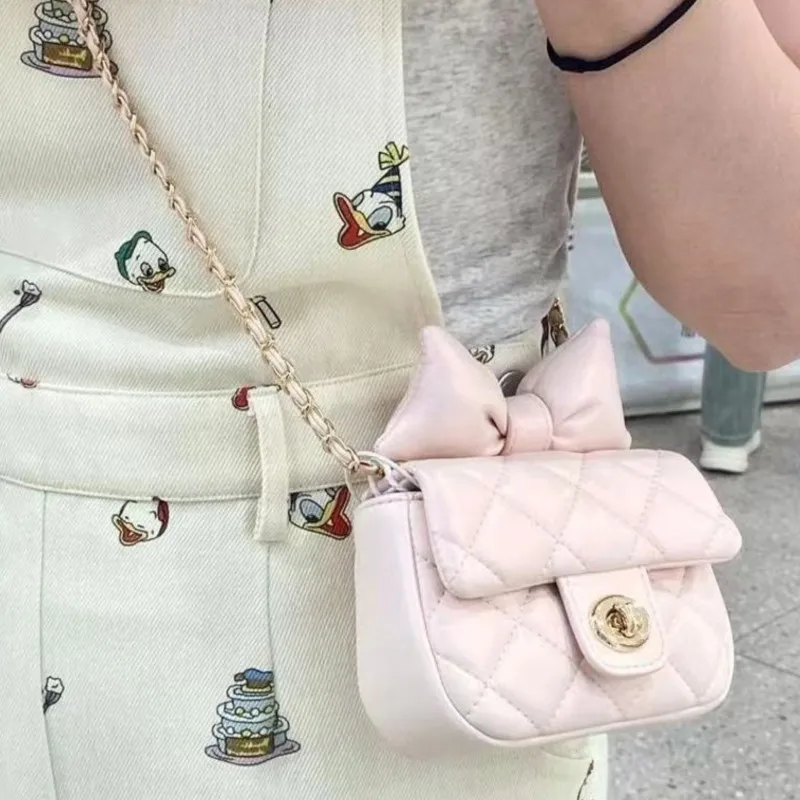 Sweet Cute Bow Shoulder Bags Women Chain Diamond Pattern Compact Crossbody Bag Ladies Balletcore Mini Versatile Small Square Bag