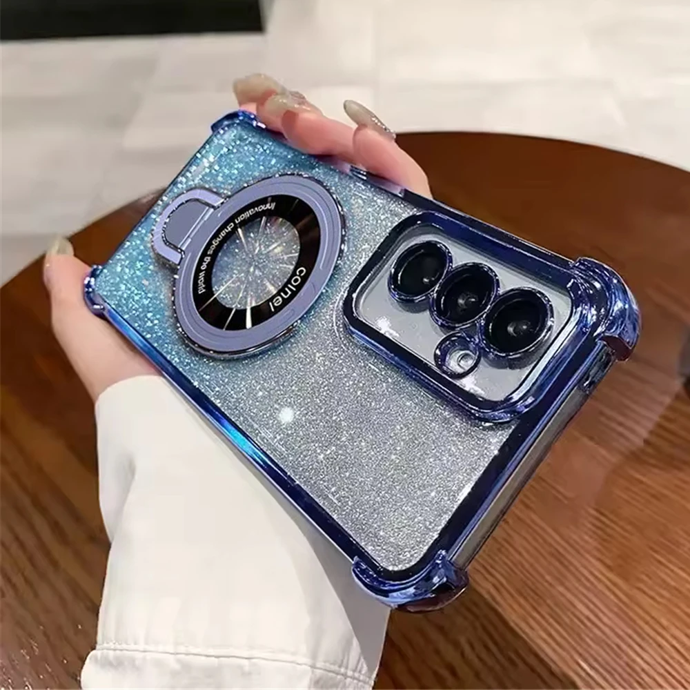 Glitter Shockproof Phone Case with Magnetic Bracket Holder and Bumper Soft Cover