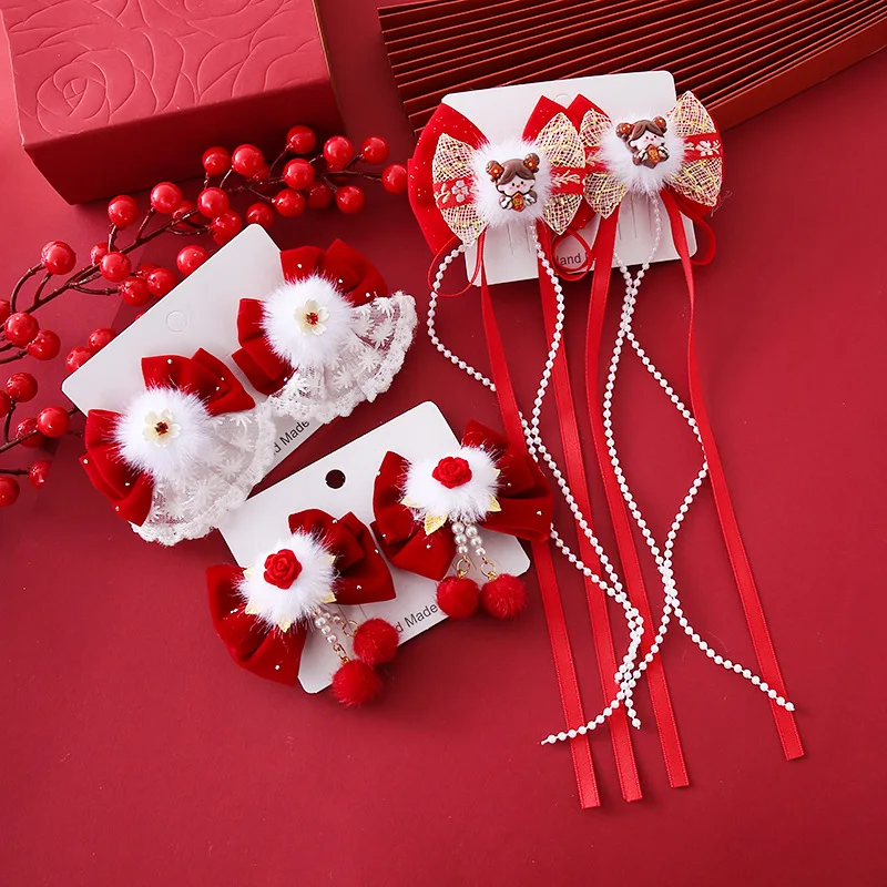 Kids New Year Headwear Chinese Style Hafu Plush Bow Kids Hair Clips Red Tassel Princess Girl Sided Clips Accessory New Year Gift 3