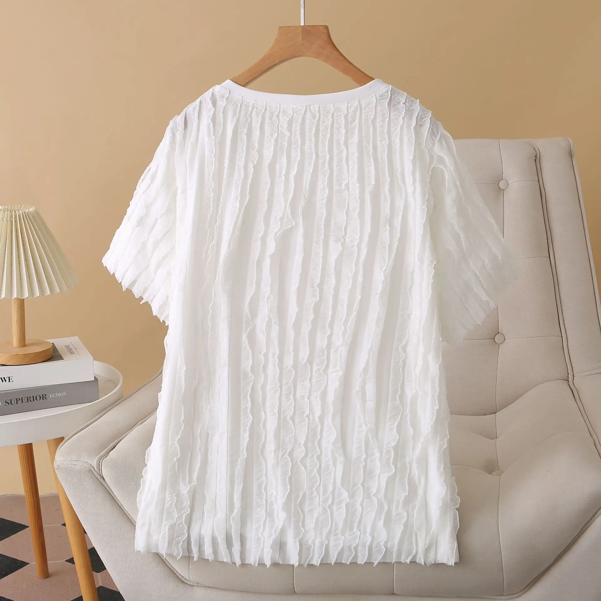 100KG Plus Size Women Top Summer New Stylish Casual three-dimensional Vertical Striped Short Sleeve Casual T-shirt 1684