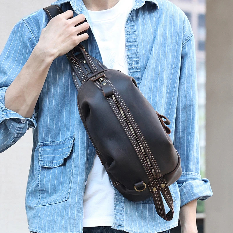 Retro Men's Leather Messenger Bag Multifunctional Trendy Brand Cowhide Crossbody Bags Crazy Horse Leather Sports Chest Bag