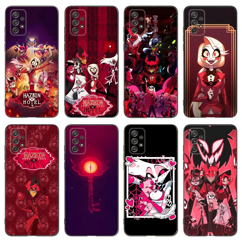 케리어케이스 삼성 S22 S23 울트라 플러스 갤럭시 S22 플러스를 위한 가죽 손목 스트랩 홀더 휴대폰 케이스, 매트 플라스틱 보호 후면 커버 9 H-Hazbin 호텔 샤릴 엔젤 더스트 폰 케이스, 삼성 갤럭시 A13,A21s,A22,A31,A32,A52,A53,A71,A80,A91, 소프트 블랙 폰 커버